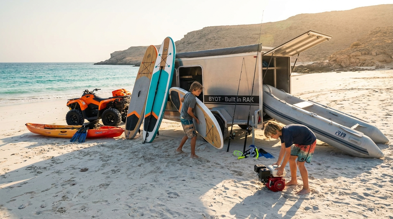 BYOT trailer on Omani beach with all the toys