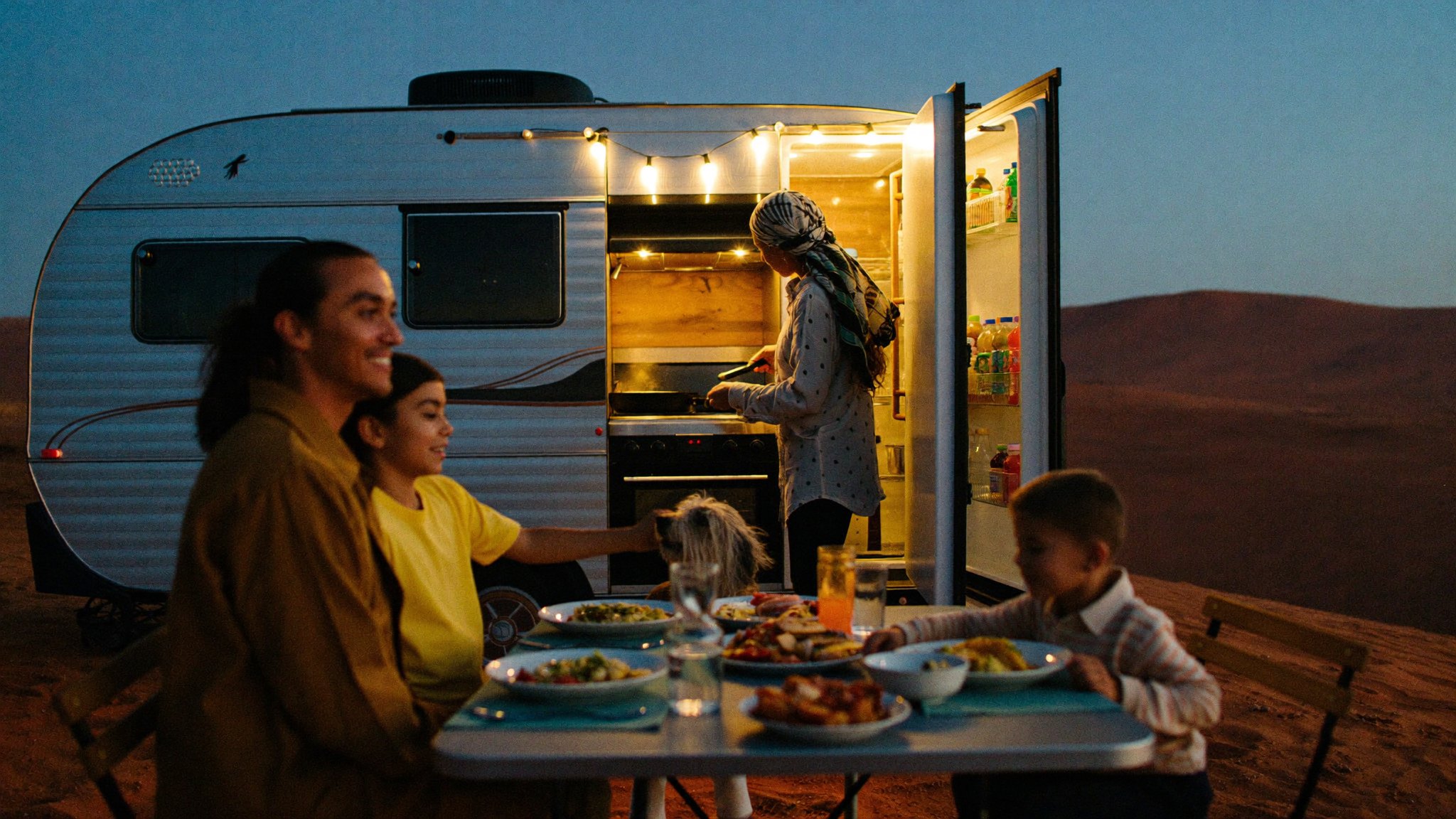 A family eating a real cooked dinner at the trailer's fold-out kitchen at dusk