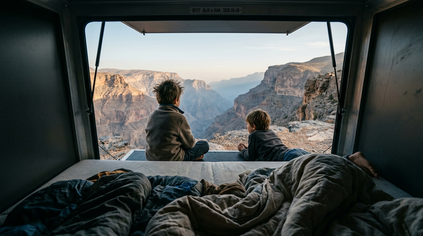View from inside the trailer over Jebel Shams canyon — two kids looking out