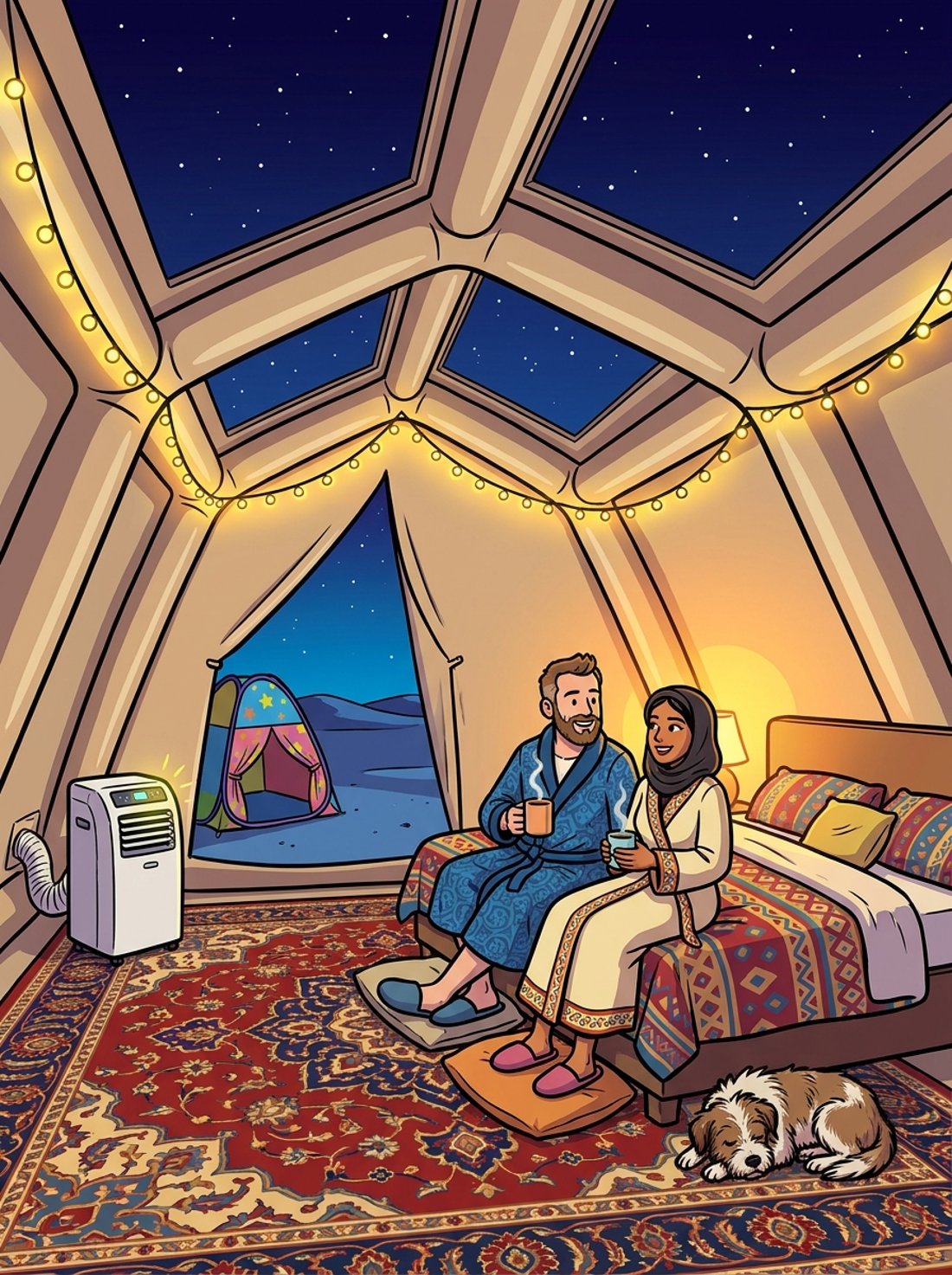 Inside the inflatable tent at night — skylights and stars, fairy lights, a real bed with proper bedding, full Arabic carpet, portable AC, mum and dad in dressing gowns, dog asleep, kids' tent outside