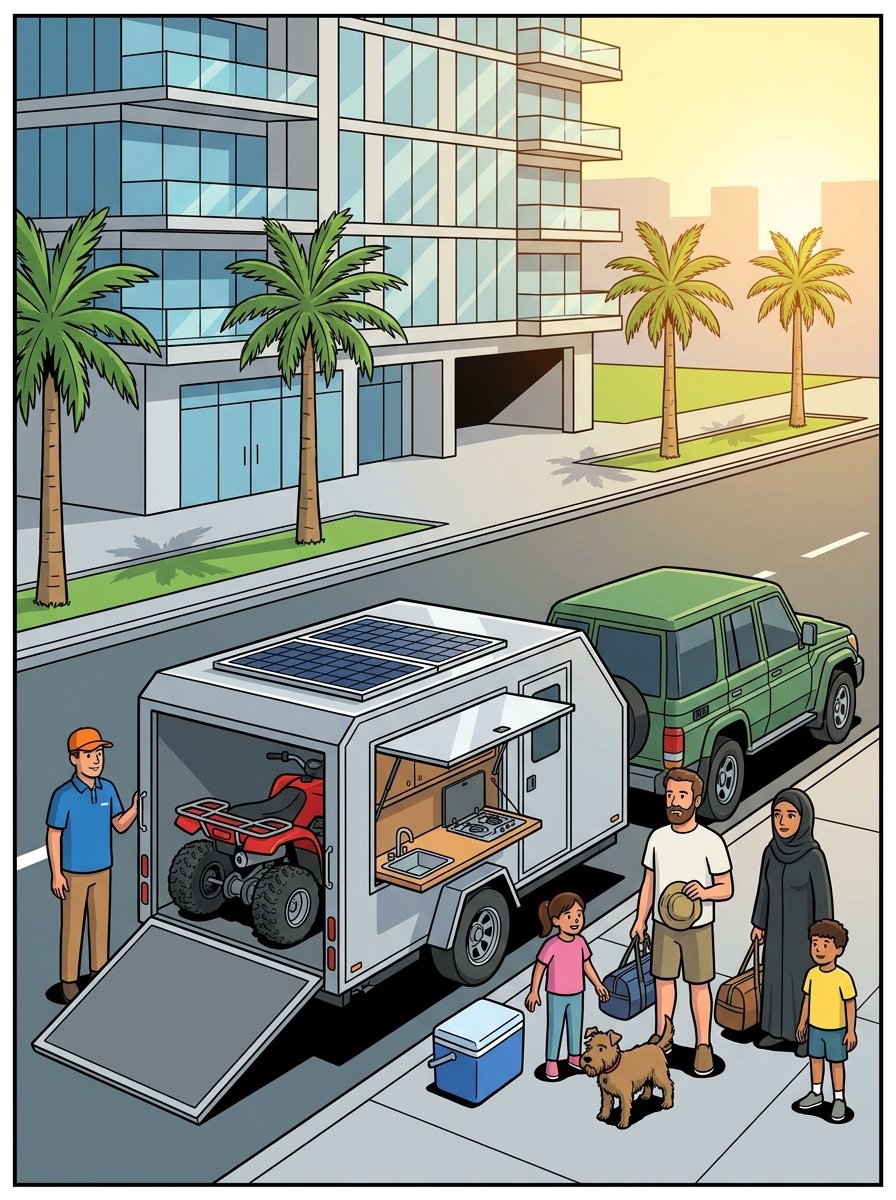 BYOT delivery man hitching the toy-hauler trailer outside a Dubai apartment as the family loads up