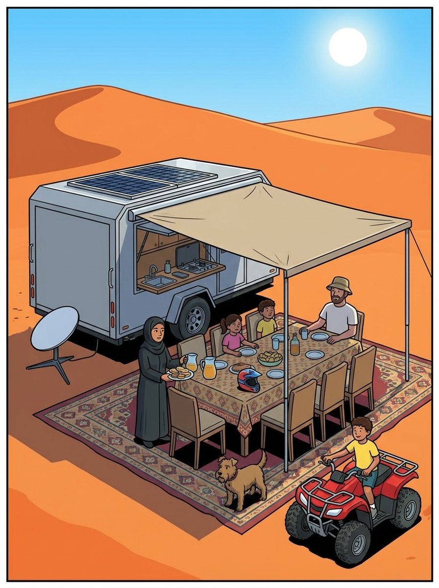 Desert arrival — giant shade over a carpet, dressed table, mum serving cold drinks, quad and Starlink