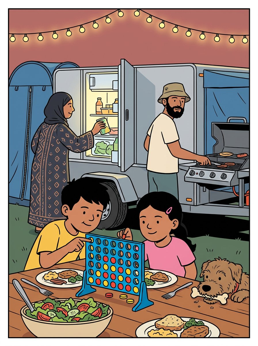 Evening dinner close-up — fairy lights, dad at the side gas BBQ, mum at the fridge, kids playing Connect 4, dog with a bone, toilet tent on the trailer side