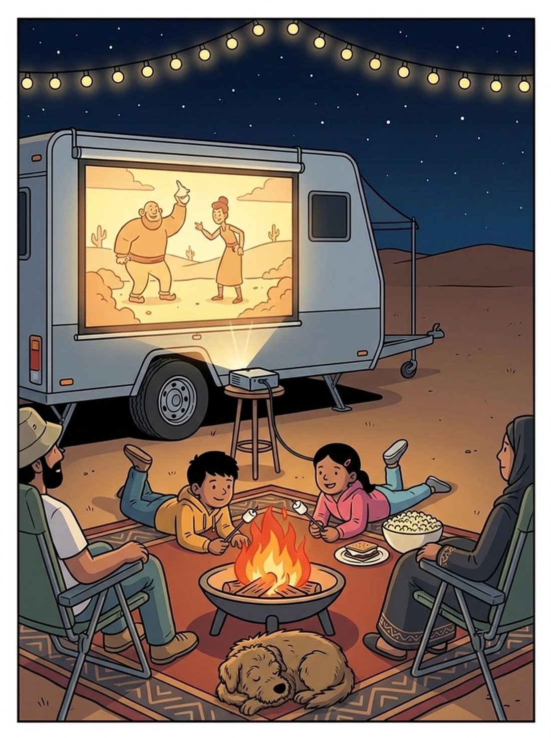Outdoor cinema at night — huge screen down the trailer side, fire pit with s'mores, popcorn, kids and parents watching, dog asleep