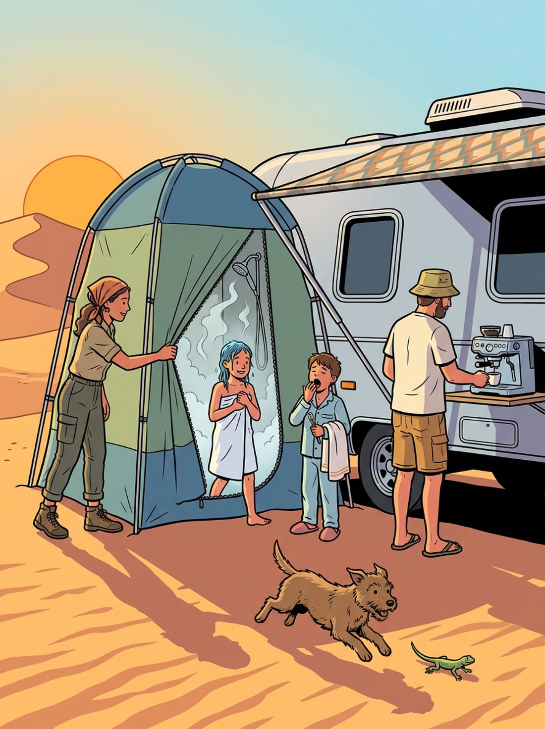 Sunrise shower — shower tent on the trailer side with steaming hot water, mum running the rota, kids with towels and toothbrushes, dad making espresso, dog chasing a lizard